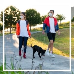 Dig graphic of masked couple walking dog on leash